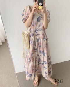大人気 ロングワンピース 夏服 花柄 パフスリーブ レディース