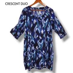 crescent duo 総柄 七分袖 ひざ丈チュニックワンピース ネイビー