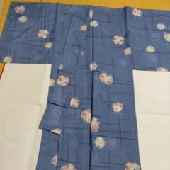 夏用薄物、青色 花柄 格子模様 小紋 着物 洗える着物