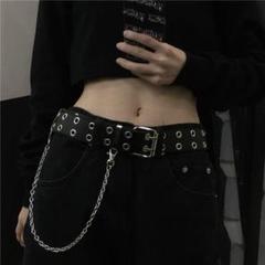y2k スタッズベルト ダブルピン ビンテージ 古着風 チェーン付 ブラック 黒