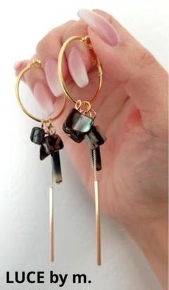 1113 ブラックシェル 華奢 ロングチェーン ゴールドフープピアス お洒落