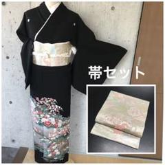 【帯付き】正絹　黒留袖　袋帯セット　比翼付き　花に家柄　身幅広め 帯付き】正絹黒留袖袋帯セット比翼付き花に家柄身幅広め