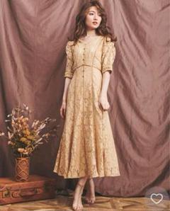 ノエラNoela 配色ラインレースワンピース ロング 黄色 結婚式