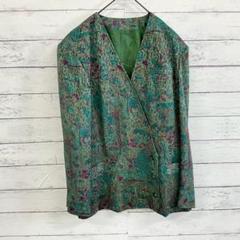古着✨【F】アウター ブルゾン ジャケット 長袖 花柄 ラップスタイル グリーン