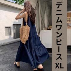 デニム調 ロングワンピース 夏 ワンピース ノースリーブ フェス ティアード