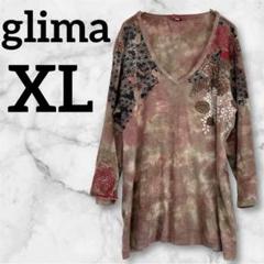 良品✨ glima 【XL】　グリマ　ブラウン　Vネック 長袖 ロンT 花柄
