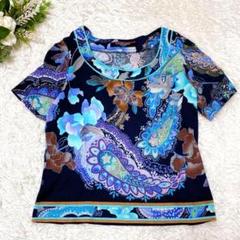 美品 レオナール カットソー 半袖 ペイズリー 花柄 毛 シルク L ブラック
