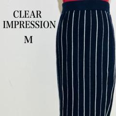 クリアインプレッション 膝下タイトスカート 腰ゴム ストライプ柄 Mサイズ