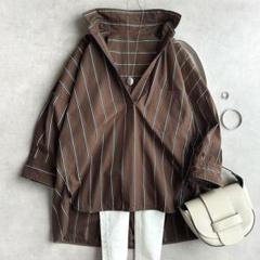 美品▲TICCA //ブラウンストライプ長袖シャツ▲スキッパー プルオーバー 美品△TICCA //ブラウンストライプ長袖シャツ△スキッパー プル