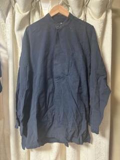 issey miyake ネイビー ストライプ長袖シャツ 90s ノーカラー