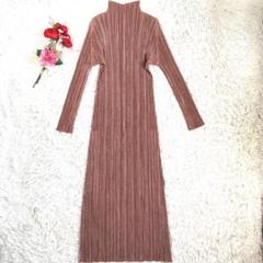 【美品】プリーツプリーズ マキシ丈 ハイネック ワンピース 長袖 赤銅色