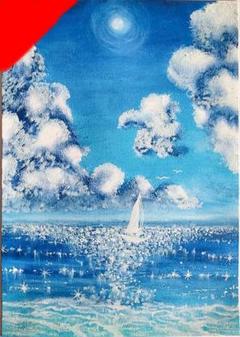 海の絵　風景画　パステル画　絵画　アート　ヨット　海　雲　インテリア　癒しのサムネイル