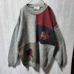 80s 再構築 パッチワーク アート マルチカラー デザイン ウール ニット レトロ調アニマル 配色パッチワークニットカーディガン ユニ