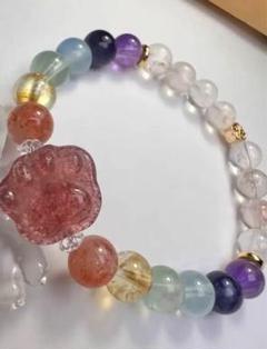 ★展★ストロベリークォーツ❀お守りレインボーブレスレット❀肉球が可愛い！厄除けに ☆展☆ストロベリークォーツ❀お守りレインボーブレスレット❀肉