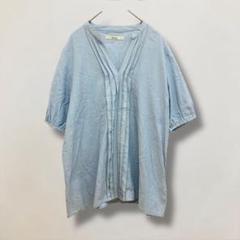 シュカ shuca ストライプ 半袖 ノーカラーブラウス コットン 【M】ブルー