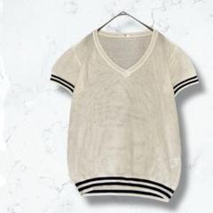 【コルザ】透かし編みニット 白 半袖 L ボーダー Vネック 裾リブ 春夏秋