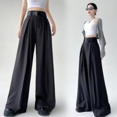 Lサイズ パンツ 黒 ワイド オフィス ハイウエスト タック シンプル ベルト付