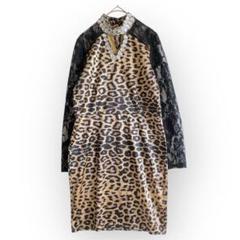 ヒョウ柄レースワンピース 【L】ビジュー スナック ミニ丈 長袖 キャバドレス