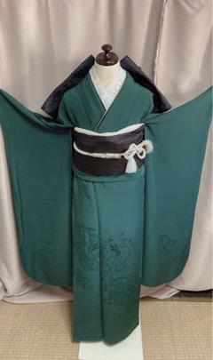 振り袖セット深緑金彩加工刺繍入り長尺袋帯小物付366