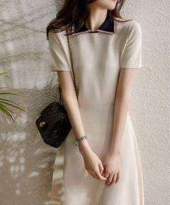 THISIS LOPASS Aライン半袖ニットワンピース オフホワイト F ポロ