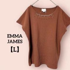 【新品タグ付】エマジェイムス フレンチスリーブ リブカットソー ビーズ L 茶