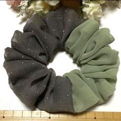 ハンドメイドシュシュ☆ラメドットモスグリーンミックス
