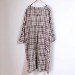 【良品計画】（L）タータンチェック柄ひざ丈シャツワンピース/袖七分丈くらい