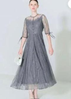 leja】レジャ異素材レースデコルテシアー袖リボンフロントボタン