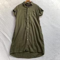 美品 ジムフレックス シャツワンピース 半袖 リネン100 カーキ L 14
