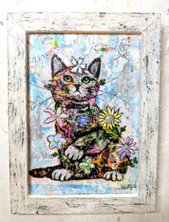 手作り額付き絵画　title「はるうららニャンコ」 隠れ銅版画作家YM手作り額付き原画 title「蒼天のニャンコ