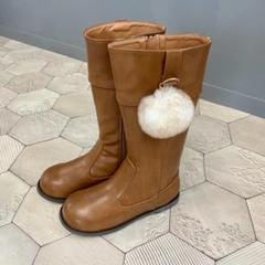 ★新品送料込★ 21cm キャメル キッズ ファーボンボン付きジョッキーブーツ