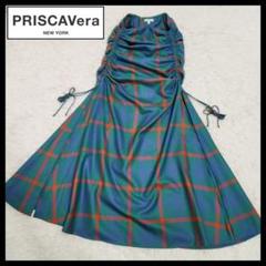 【美品】PRISCAVera アメリカ製 ドレープ チェック マキシスカート