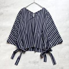 【美品】Loungedress 裾リボン Vネック ストライプブラウス