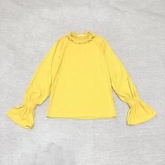 長袖リブニット(M)ベルスリーブ　フリルネック　個性的　プルオーバー　可愛い