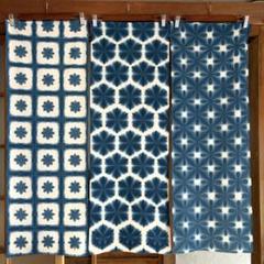 7223* 手染め 高級さらし生地 540cm 夏色三色のブロック型雪花絞り♡ 8744*藍染 雪花絞り 手ぬぐい お得な3枚セット♫ 濃淡色々 暖簾