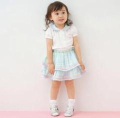 水色フリルスカートと襟付きトップスセット　うさぎ チェック セットアップ