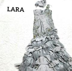 【LARA】ドレス　結婚式　パーティー　華やか　グレー　ワンショルダー　ストール