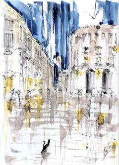 原画#3623 ビッグベン　雨　ロンドン　水彩画　ドローイング　絵画　絵　アート ロンドンのオリジナル水彩画、イギリスの手作り絵画、雨の