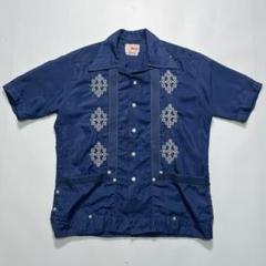 70s ヴィンテージキューバシャツ L 紺 ネイビー 刺繍 開襟 6484 70s ヴィンテージキューバシャツ L 紺 ネイビー 刺繍 開襟 6484