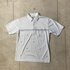 80sシングルステッチ　ヴィンテージ　半袖　プリントポロシャツ　衿芯入　水色　M