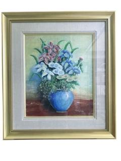 油彩 額装 花 絵画 油絵　花瓶　あやめ　1987年　F8号 油彩 額装 花 絵画 油絵花瓶あやめ1987年F8号