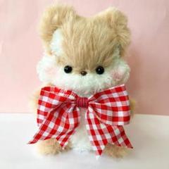 モールドール　ふわふわ　リス　茶色　モール人形　ぬいぐるみ　赤チェック　リボン