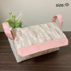 ふた付布バスケット(中) ナチュラルのリーフ柄 ハンドメイド