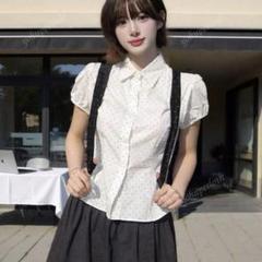 SHEIN ドット ブラウス ラッフルカラー 半袖