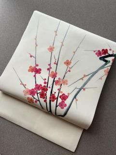 日本画手書き墨絵 梅と竹 正絹塩瀬名古屋帯 ピンク