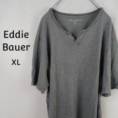 Eddie Bauer　半袖シャツ　XL　グレー　細ボーダー　ヘンリーネック