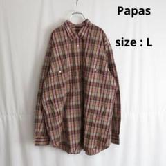 【値下げ◎】 Papas / オーバーサイズ チェック シャツ ロゴ 刺繍 L