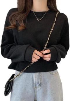 ✿トレーナー 長袖 レディース ショート丈 春夏秋 プルオーバー ブラック XL
