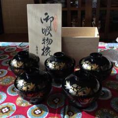 未使用 会津塗 乙造作 漆器 金彩 蒔絵 桜鈴紋 お吸物椀 5客 共箱 未使用 会津塗 乙造作 漆器 金彩 蒔絵 桜鈴紋 お吸物椀 5客 共箱