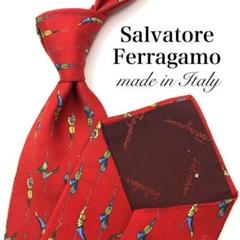 【美品】Salvatore Ferragamo ネクタイ 人 小紋柄 レッド 赤